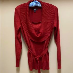 Red cowl neck tie sweater